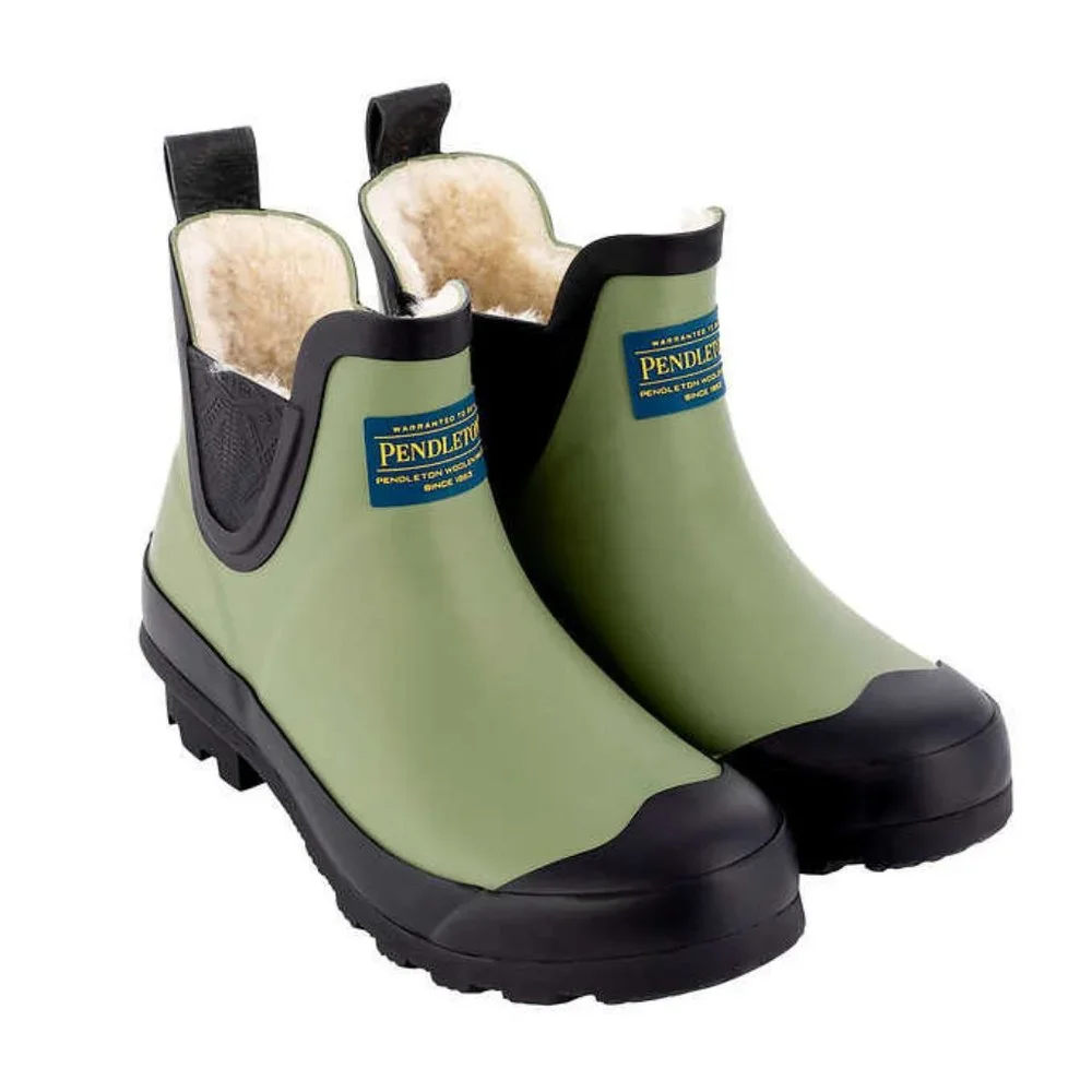 Pendleton Fur Lined Chelsea Olive Ankle Rubber Rainboots NIB - Picture 1 of 8